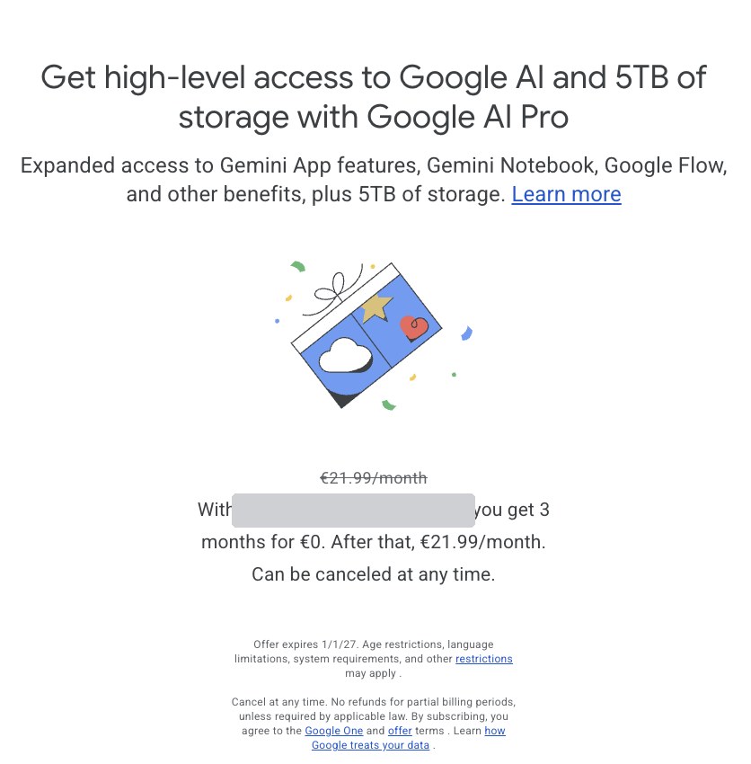 Página de Google: 21,99 euros al mes tachado, tres meses por 0 euros, cancelable cuando quieras, la oferta caduca el 1 de enero de 2027