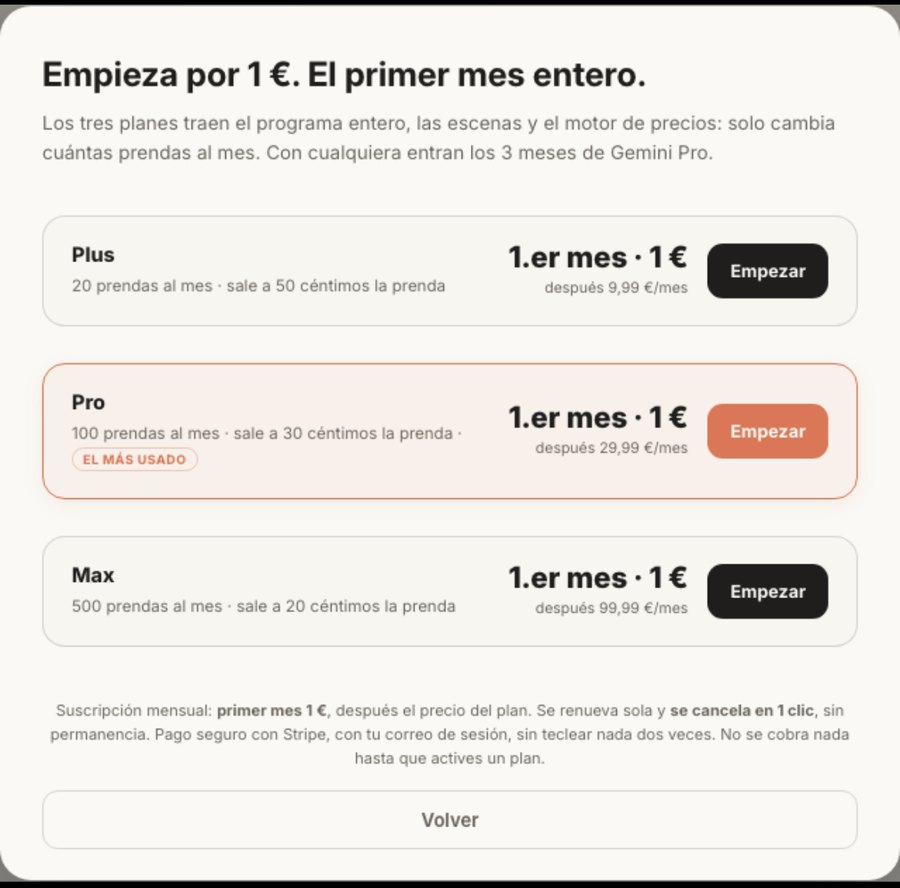 Pantalla del programa con los tres planes: Plus, Pro y Max, todos con el primer mes a 1 euro