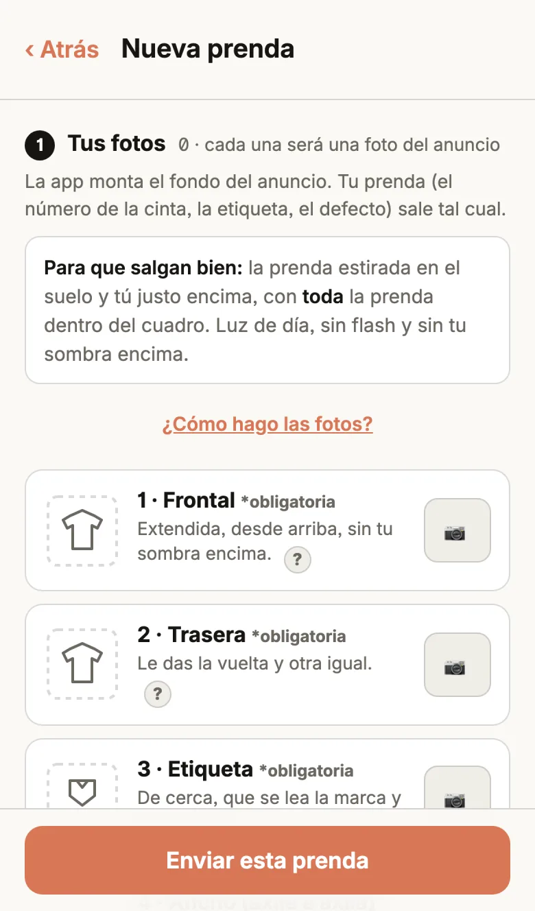 Pantalla inicial del tutorial: las cinco fotos que hay que hacer y el consejo de luz de día, sin flash y sin sombra