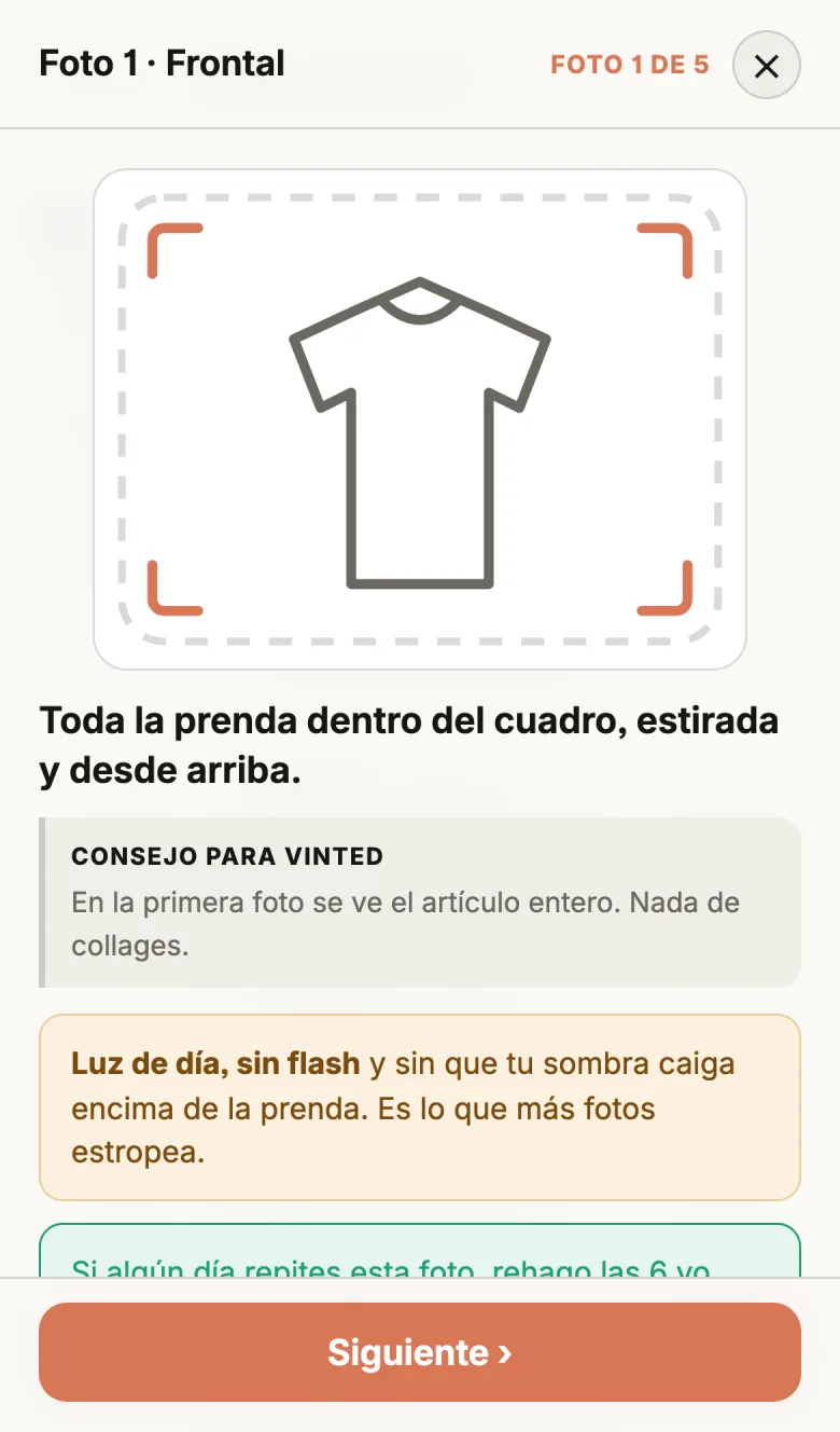 Pantalla de la Foto 1, Frontal: la prenda extendida y encuadrada dentro de las guías punteadas