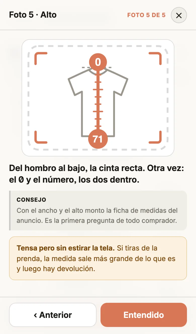 Pantalla de la Foto 5, Alto: la cinta métrica del hombro al bajo marcando 0 y 71